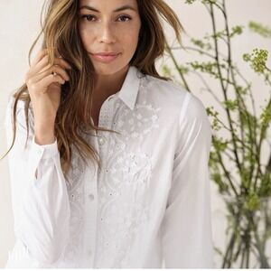 J Jill Blouse Medium Coastal White Embroidered Eyelet Lace Boho Fairy Peasant
